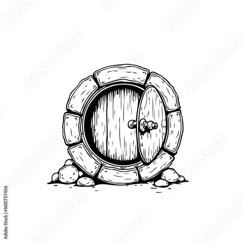 Whimsical illustration of a hobbit house entrance featuring a charming round wooden door and stone