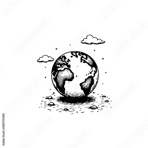 Hand drawn world globe illustration showcasing the earth with clouds and a sketched style aesthetic
