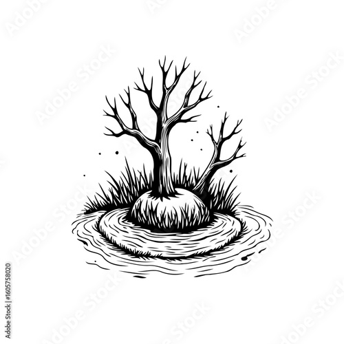A surreal monochrome illustration of a barren tree emerging from a watery mound landscape depiction