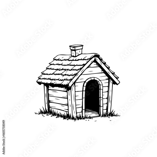Hand drawn cartoon style dog house illustration with chimney and shingled roof in black and white