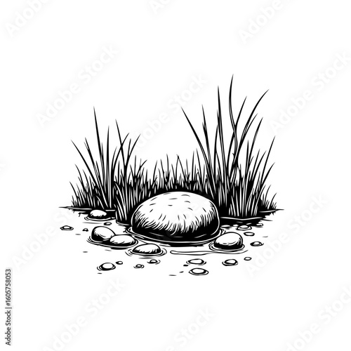 Hand drawn illustration featuring a rock surrounded by grass on a pebble covered ground