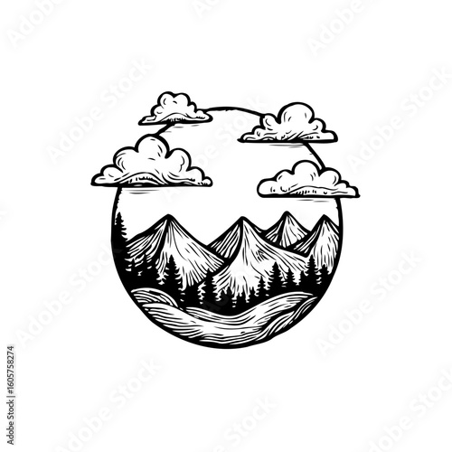 Illustrative mountain range with pine trees and clouds in a circle, nature scenic landscape monochrome art design
