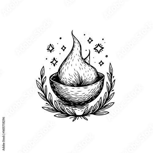 Artistic rendition featuring a mystical flame within a vessel surrounded by celestial sparkles and botanical wreath invoking magic