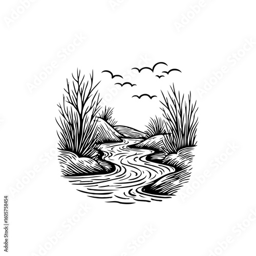 Scenic landscape illustration featuring a winding river birds flying bare trees and natural elements in a vintage style engraving