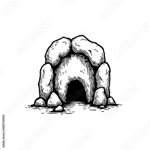 Ancient stone structure depicting a primitive dwelling or shelter evoking prehistoric times and historical interest drawing illustration