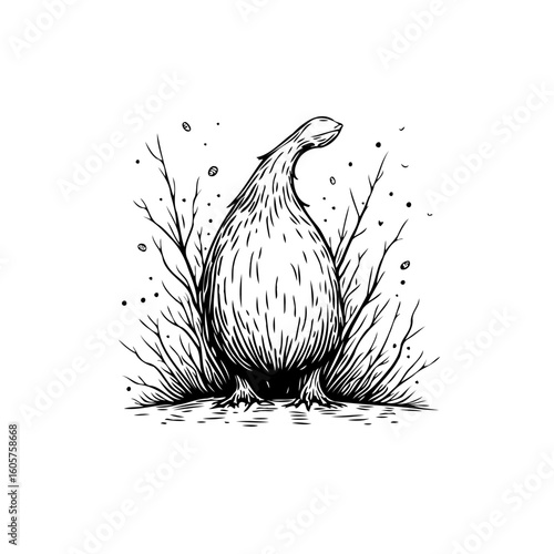 Stylized bird illustration surrounded by bare branches creating a wintery or fantasy scene artwork