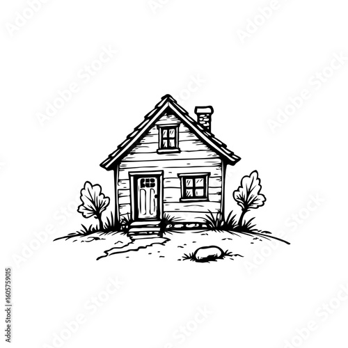 Charming hand drawn illustration of a cozy cabin nestled amidst nature's embrace a tranquil retreat home