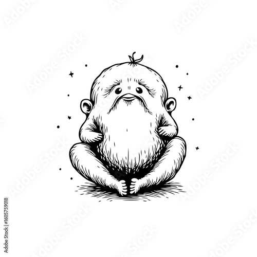 Whimsical illustration of a cute cartoon creature in black and white isolated on white background