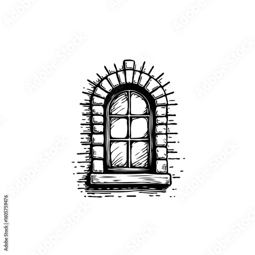 Ornate window sketch with brick arch drawing black lines and a window with glass panes design