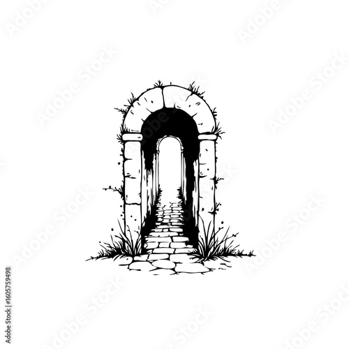 Mysterious stone archway entrance drawing with a path leading into the unknown world design illustration