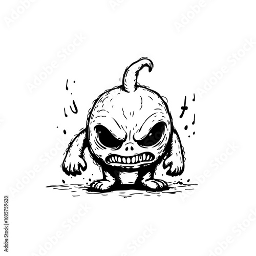 Expressive cartoon monster illustration, embodying fierce anger, rendered in striking black and white with bold outlines