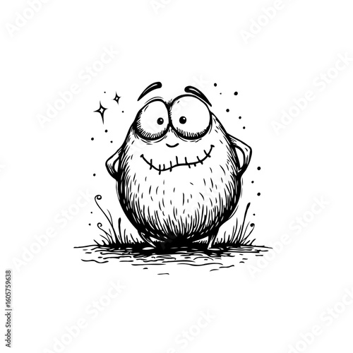 Whimsical cartoon monster illustration featuring a quirky character with big eyes and a friendly smile on white backdrop