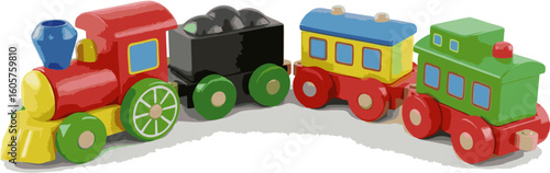 Colorful wooden toy train with an engine, coal car, passenger car, and caboose.