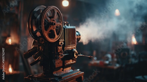 Vintage movie projector in a dark room