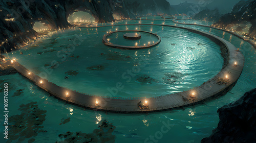 Settlement circling a flooded caldera