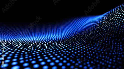 Abstract design with glowing blue dots on a dark background.