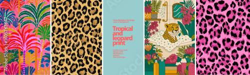 Tropical & Leopard Print Vector Set. Exotic Jungle and Bold Fashion Pattern. Vector set with tropical foliage, wild leopard patterns, and vibrant jungle scenes. Perfect for fashion, textile, wallpap

