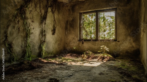 Abandoned room with decaying floor and walls, overgrown with vegetation outside the window.