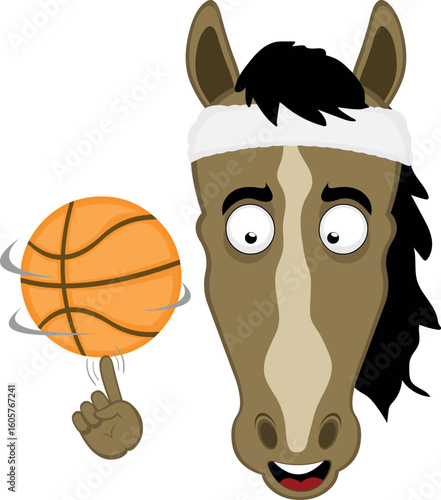 vector illustration character face horse cartoon, with a basketball sport spinning on the finger of the hand