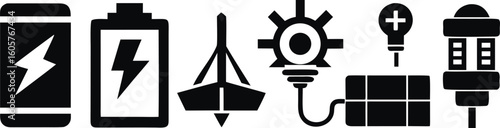 Six black vector icons representing energy and power sources battery lightning bolt