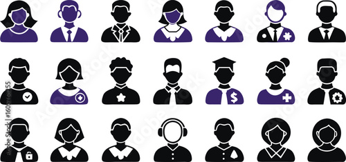 Collection of twenty four diverse black and purple vector icons representing people in various professions and roles