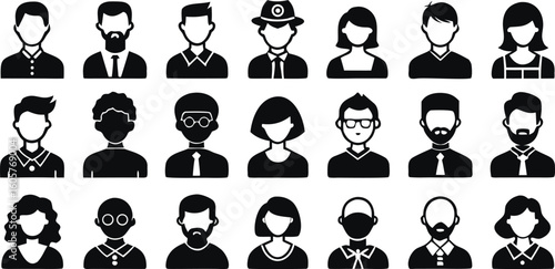 Collection of twenty four black and white vector icons depicting diverse people with various hairstyles and attire