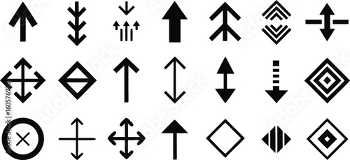 Collection of black vector arrow and directional symbols on white background icon