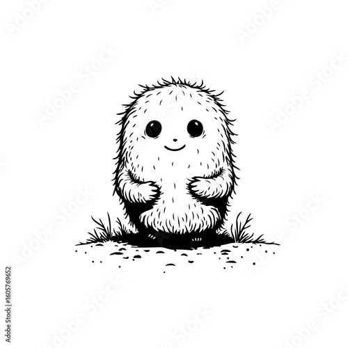 Adorable fluffy creature on the ground: A charming, whimsical illustration showcasing a cute character with a friendly smile, surrounded by grass