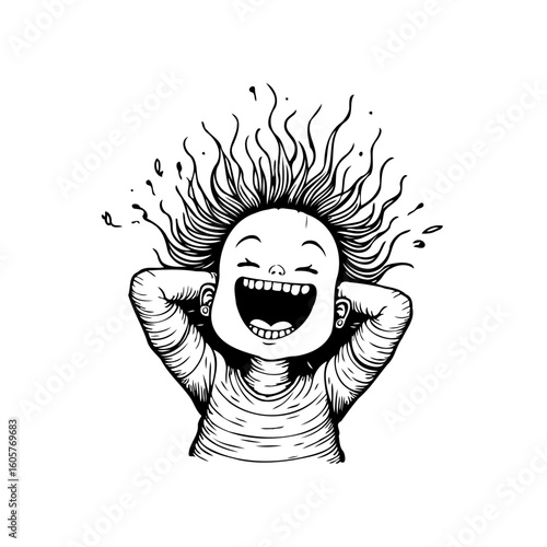 Expressive laughter and joy illustration a child in a moment of pure happiness black and white simple design