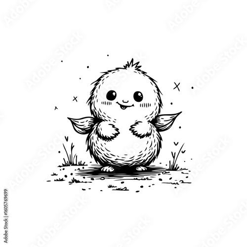 Adorable creature illustration design featuring a furry character with wings and a joyful expression digital design