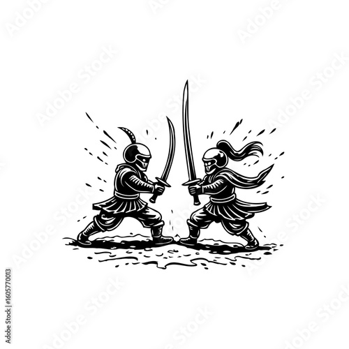 Intense samurai duel illustration: two warriors clash with swords in a black and white design