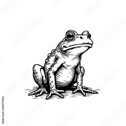 Detailed monochrome illustration of a frog showcasing intricate textures and naturalistic posture capturing the essence of wildlife