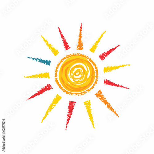 Crayon drawn yellow, red and orange naive sun icons. Vector kid's drawing, crayon pencil doodle sun. Hand drawing chalk scribble.