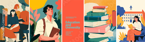 University Education Vector Set. Students, Books & Campus Atmosphere. Vector illustrations of students, books, and campus life in an educational setting. Ideal for academic posters, learning

