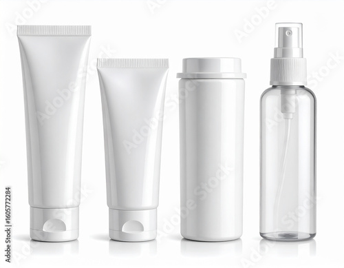 Collection of isolated white and clear cosmetic product mockups on white background..