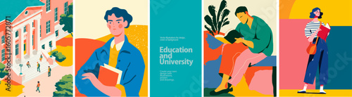 Modern University Life Vector Set. Students, Study & Campus Scenes. Vector illustrations of stylish students reading and walking through colorful campus environments. Great for academic themes


