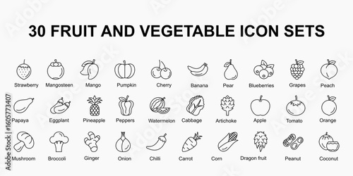 30 line fruit and vegetable icon sets