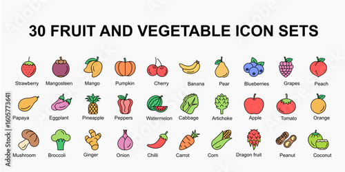 30 colorful fruit and vegetable icon sets