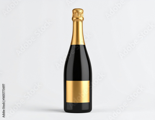 Glossy black champagne bottle with golden foil neck and rectangular label mockup.