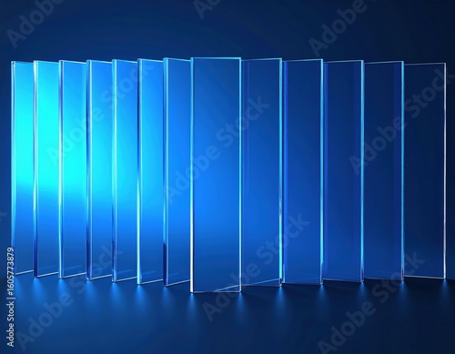 Array of Clear Acrylic Sheets with Blue Lighting and Reflections.
