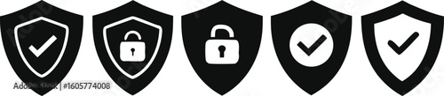 Five black shield icons with white security symbols and checkmarks protection lock