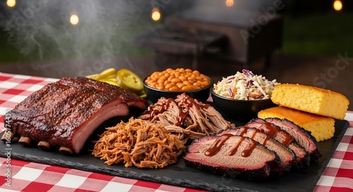 Smoked barbecue platter with ribs, pulled pork, brisket, beans, coleslaw, and cornbread.
