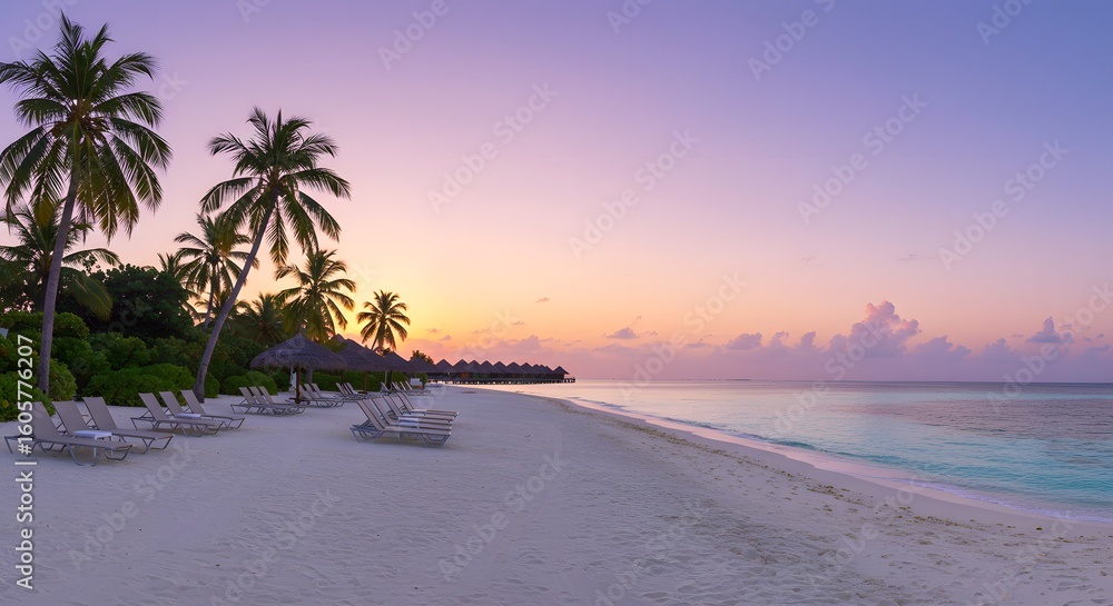 Fototapeta premium Maldives Paradise Beach: A serene paradise unfolds at sunset, where the gentle caress of the turquoise ocean meets the soft embrace of the sandy shore.