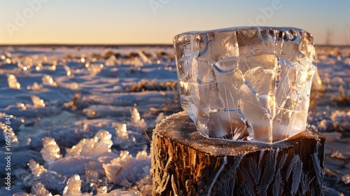 Fototapeta Naklejka Na Ścianę i Meble -  Frozen tree stump encased in thick glossy ice in cold barren landscape, shimmering in pale light