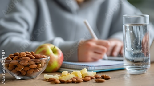 Healthy study break with almonds, apple slices, and water for student in cozy setting writing notes