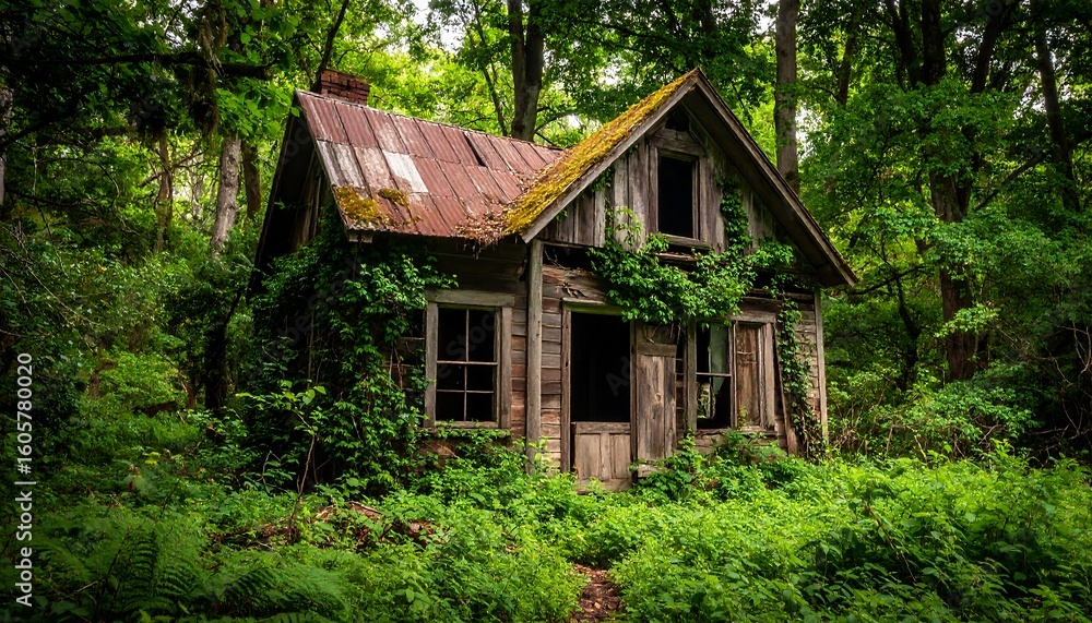 Forgotten dwelling nestled in verdant embrace: Relic of time abandoned to nature's reclaim Forgotten dwelling nestled in verdant embrace: Relic of time abandoned to nature's reclaim