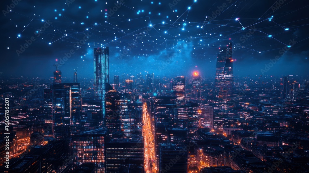 Fototapeta premium futuristic cityscape with interconnected network visualization showcasing technological advancement and digital communication infrastructure creating a vibrant and dynamic urban landscape