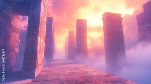 Ancient pathway through a mystical sunrise