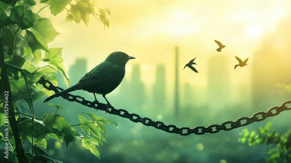 Obraz premium a poetic scene depicting a bird perched on a chain with other birds flying against a hazy city backdrop bathed in the warm glow of the sun evoking a sense of freedom