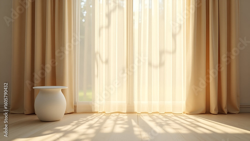 Sunlit curtains filter light into a serene room, casting shadows on the wooden floor. Relaxing interior scene.